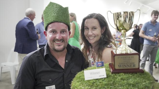 Winning lawn king Brenton Rouhan with wife Kiri at the Mort and Co Lawn of Fame award night at The Lighthouse Toowoomba on January 31, 2025.