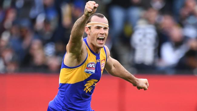 Shannon Hurn celebrates West Coast’s premiership.