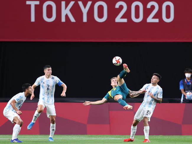 Riley McGree’s insane bicycle kick took some saving. Picture: Getty Images