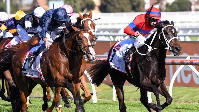 Anthony Van Dyck (left) falls short chasing down Verry Elleegant in the Caulfield Cup. Picture: Racing Photos via Getty Images