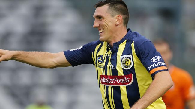 Matt Millar of the Mariners scores a first half goal during the Round 14 A-League match between the Central Coast Mariners and the Brisbane Roar at Central Coast Stadium in Gosford, Sunday, January 20, 2019. (AAP Image/Darren Pateman) NO ARCHIVING, EDITORIAL USE ONLY