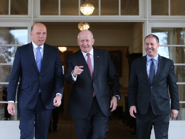 Peter Dutton with General Sir Peter Cosgrove and Treasurer Josh Frydenberg at the ceremony this morning. Photo: Kym Smith