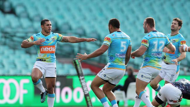 Jamal Fogarty thought he opened the scoring against the Roosters but it was called back by the Bunker. Picture: Getty Images.