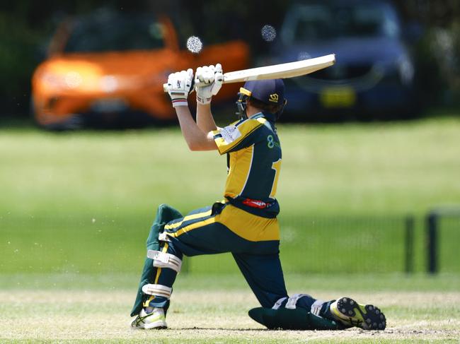 Sam Gallagher batting for Wests. Wests v Newcastle City in the semi-final of the 2024 SG Moore Cup cricket semi-final at Harker Oval. Picture: Michael Gorton