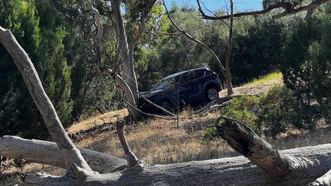 The SUV veered off a street at Rostrevor and crashed down an embanked, hitting a tree. Picture: Emma Brasier