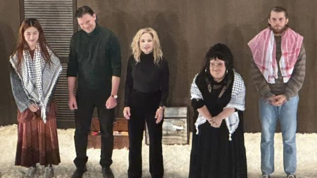 Harry Greenwood (right), along with co-stars Megan Wilding and Mabel Li (left) wore keffiyeh scarves during the encore at the opening night of the STC production of The Seagull at Sydney’s Roslyn Packer Theatre. Picture: Instagram