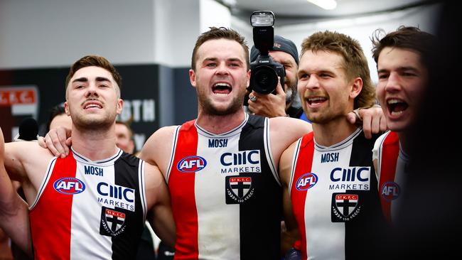 St Kilda free agent Jade Gresham with Brad Crouch and Dan Butler.