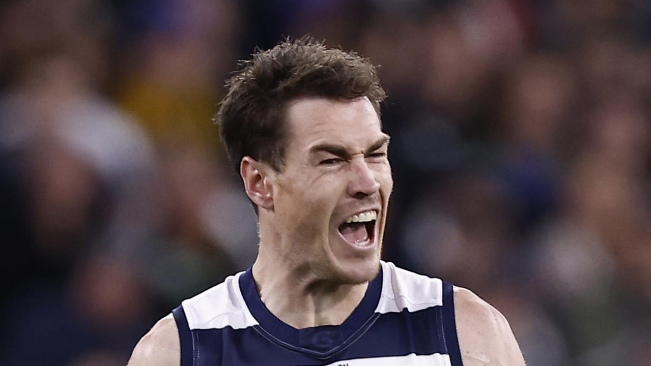 MELBOURNE, AUSTRALIA - JUNE 25: Jeremy Cameron of the Cats celebrates a goal during the round 15 AFL match between the Geelong Cats and the Richmond Tigers at Melbourne Cricket Ground on June 25, 2022 in Melbourne, Australia. (Photo by Darrian Traynor/Getty Images)