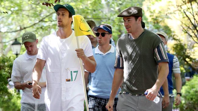 Crows players Kyle Hartigan and Mitch McGovern arrive for their end of season lunch at Sunnybrae Estate Function Centre at Regency Park. Picture: Calum Robertson