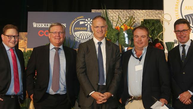 Farmer of the Year winner Marc Greening (second from right) with <i>The Weekly Times </i>editor James Wagstaff, Coles chief executive Steven Cain, News Corp Australasia executive chairman Michael Miller and federal Agriculture Minister David Littleproud.