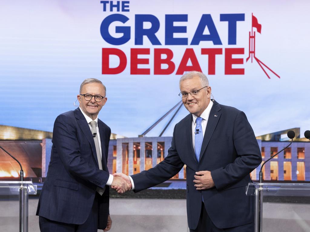 Opposition Leader Anthony Albanese and Prime Minister Scott Morrison shake hands at the start of the second leaders' debate. Picture: Alex Ellinghausen