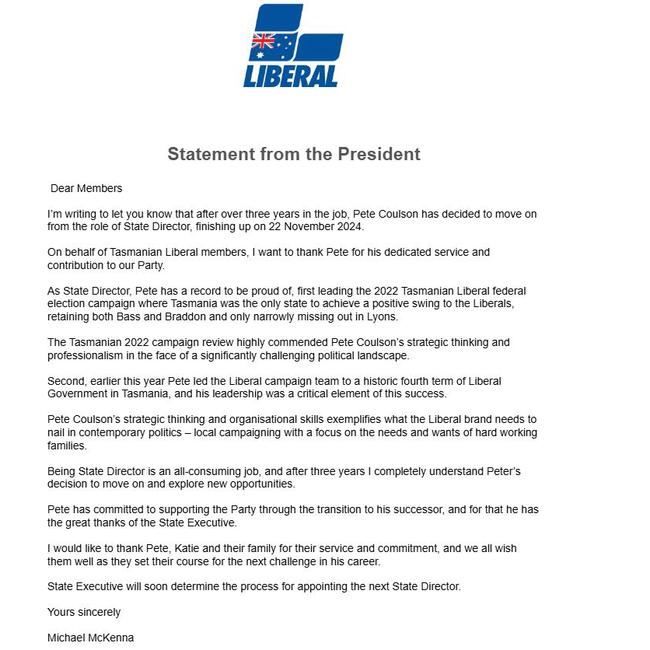 Liberal Party State Director Peter Coulson resignation letter from Michael McKenna to members