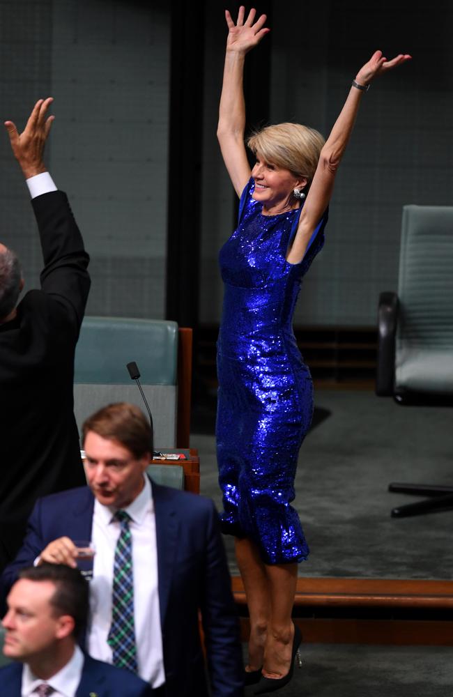 Former foreign minister Julie Bishop was full of excitement at the Federal Budget on Tuesday night wearing a Rachel Gilbert gown. Picture: AAP Image/Lukas Coch