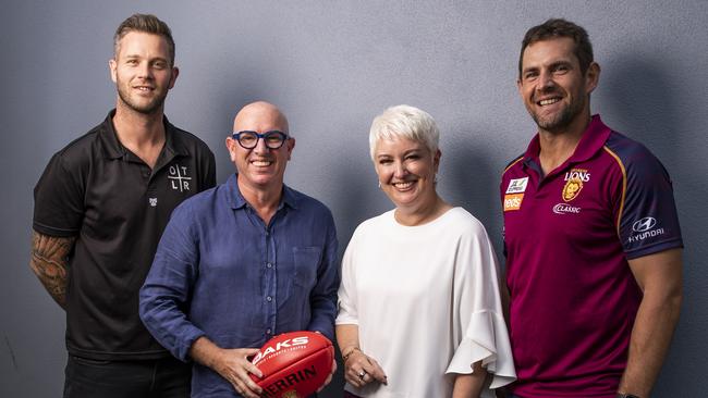 Former AFL players Jake Edwards (left) and Luke Hogde (far right) with Stuart Giles and Cathie Reid of the Epic Good Foundation are behind the rollout of OTLR to 20 AFL clubs in Queensland. Picture: Mark Cranitch.