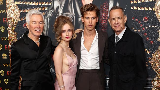 (L-R) Baz Luhrmann, Olivia DeJonge, Austin Butler and Tom Hanks at the Elvis premiere in Sydney. Picture: Brendon Thorne/Getty Images