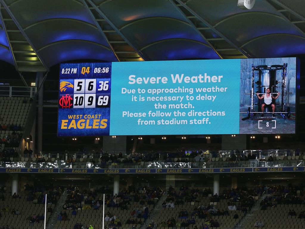 The game was delayed for approximately 30 minutes due to lightning. (Photo by Will Russell/AFL Photos via Getty Images)