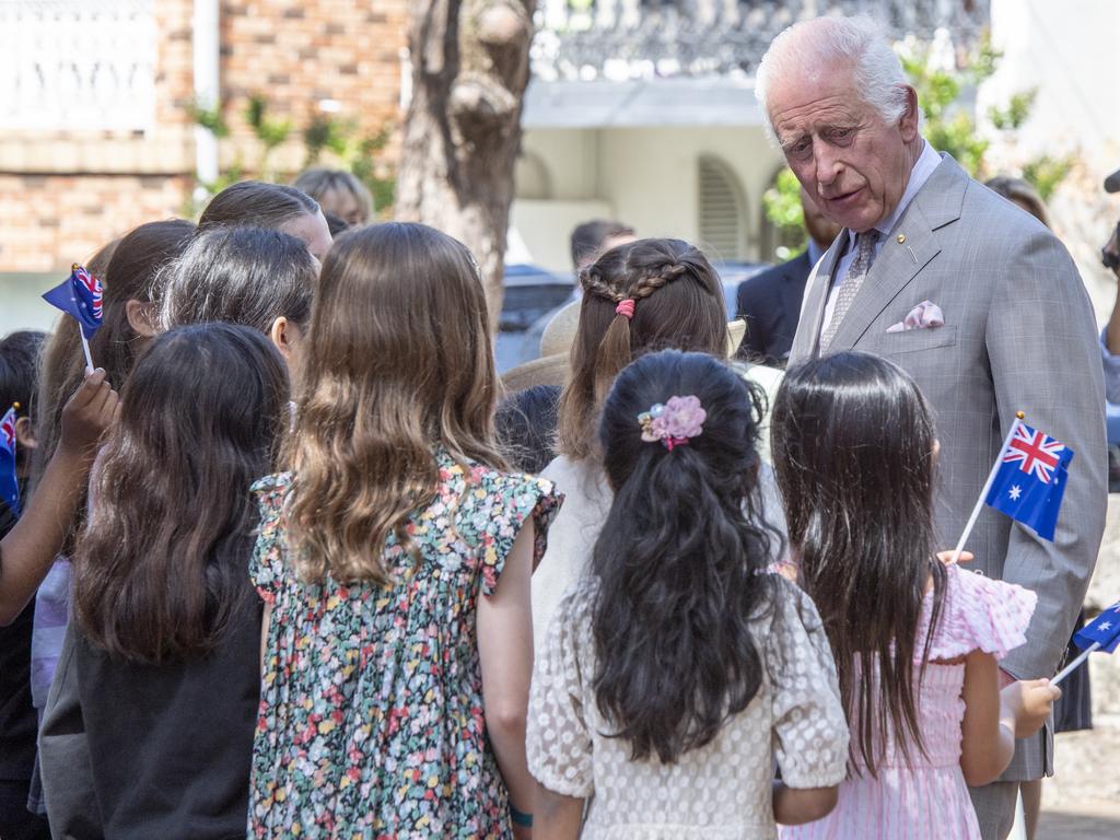 King Charles III chats with young fans outside a church in North Sydney. Picture: NewsWire / Monique Harmer