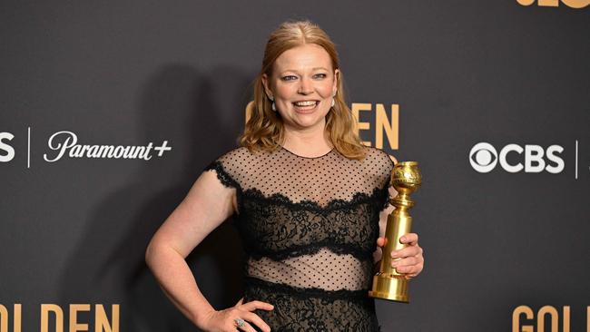 Australian actress Sarah Snook poses with the award for Best Performance by a Female Actor in a Television Series - Drama for Succession. Picture: Robyn Beck/AFP