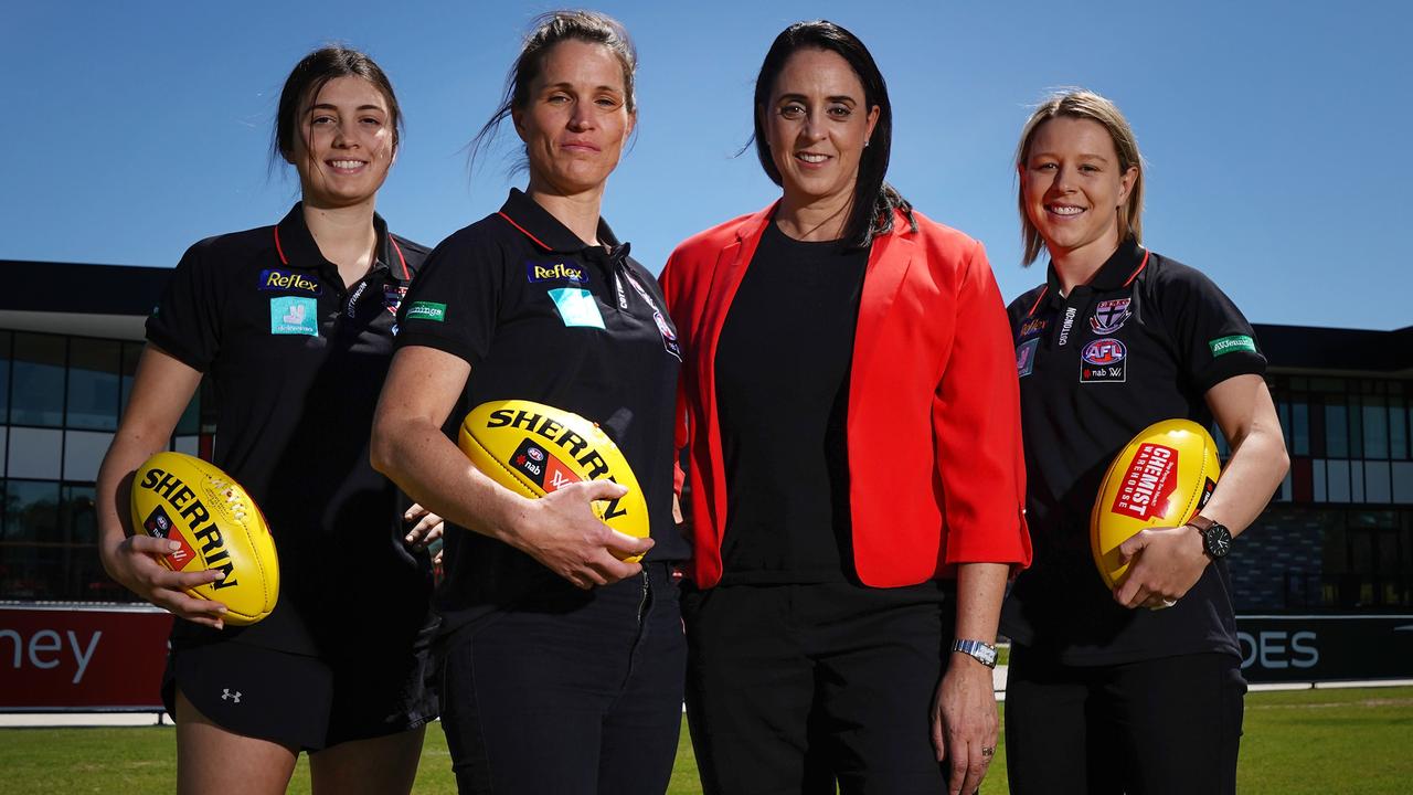 Nicole Livingstone announced the new fixture at Moorabbin, with new Saints players Georgia Patrikios, Emma Mackie and Kate McCarthy. Picture: AAP