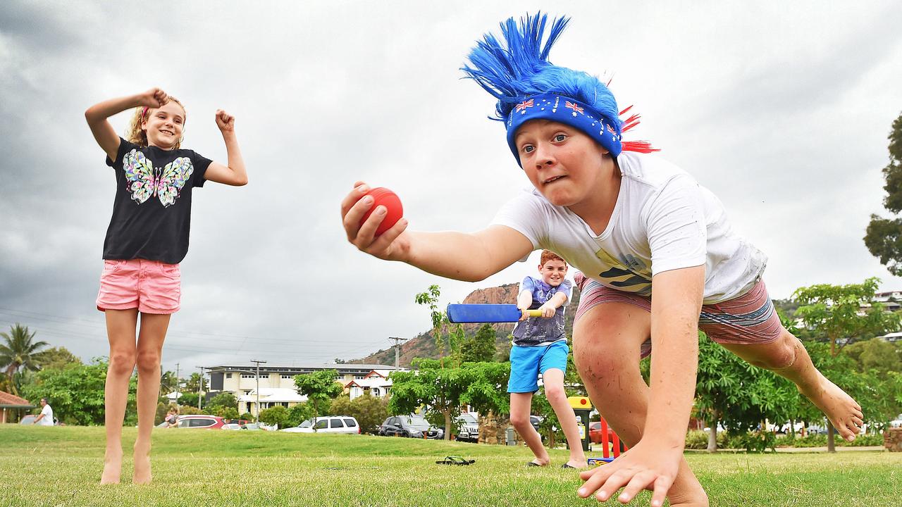 Australia Day from Jezzine Barracks. Cameron Ward takes a catch whilst playing cricket with friends Hannah Jones and Lochlan Jones. Picture: Zak Simmonds