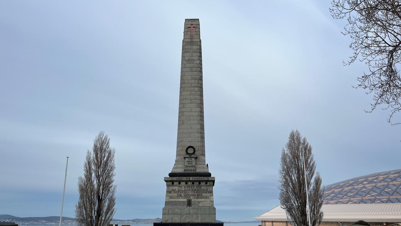 Renders showing the impact of the proposed Macquarie Point stadium from the Hobart Cenotaph released by the Macquarie Point Development Corporation.