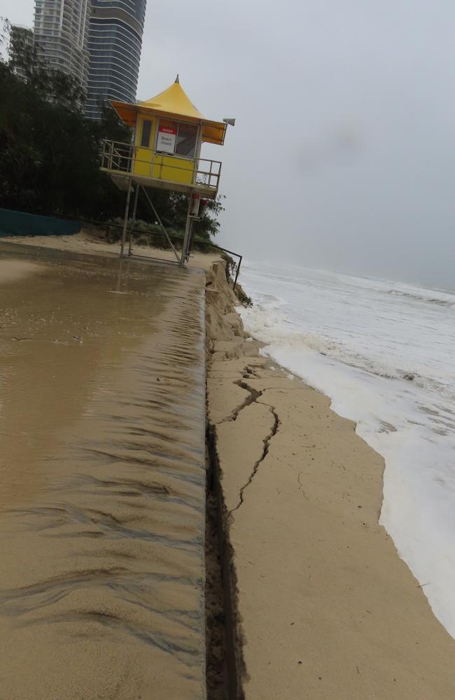 Beach erosion at Surfers Paradise coming right up to the Surfers Paradise lifeguard tower. Picture: Supplied by Richard Holliday.