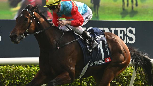 HONG KONG, CHINA - DECEMBER 08: Zac Purton riding Ka Ying Rising winning Race 5, the Longines Hong Kong Sprint during racing at Sha Tin Racecourse on December 08, 2024 in Hong Kong, China.  (Photo by Vince Caligiuri/Getty Images)