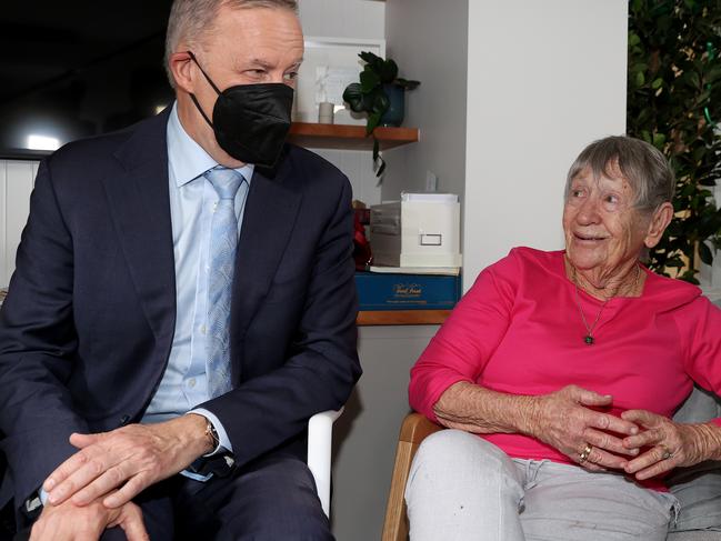 Labor leader Anthony Albanese tested positive just hours after his visit to Symons House Retirement Village in Nowra, NSW, where he met residents like Pat Morrison, 89. Picture: Toby Zerna