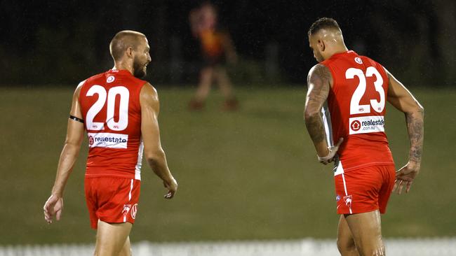 Sam Reid and Lance Franklin playing together during the pre-season Photo by Phil Hillyard