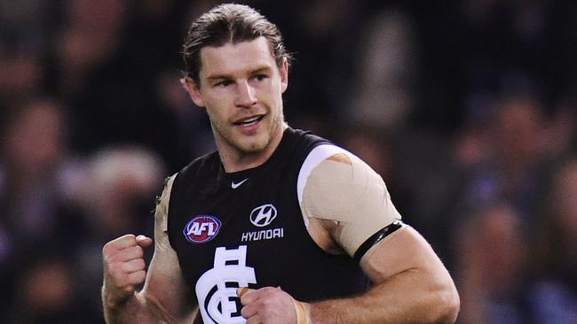 Bryce Gibbs celebrates a goal for Carlton on Sunday. Picture: Getty Images