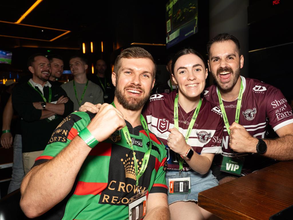 NRL fans Matthew Gordon, Maddie Tilyard and Liam Lomax at the SuperCoach Viva Non-Vegas Party. Picture: Tom Parrish