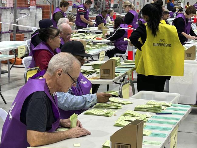 Australian Electoral Commission staff begin counting votes at a counting centre in south western Sydney, Saturday, May 3, 2025. (AP Photo/Moussa Moussa)