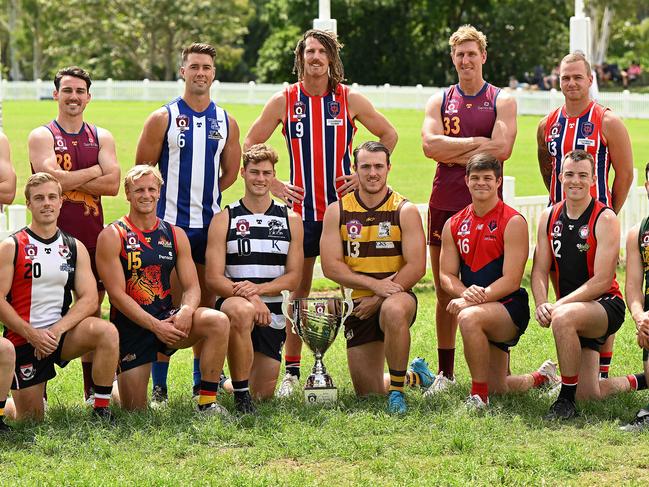 26/03/2023: QAFL captains Front L-R   Matt Lee (Labrador),  Sam Godfrey (Morningside), Seb Rogers (Noosa), Ryan Gilmore (Broadbeach), Brandon Bathelor (Aspley), Harrison Fraser (Surfers Paradise), Scott Miller (Redland VP), Josh Govan (Maroochydore).Back L-R, William Fletcher (Sherwood), Tom Thynne (Palm Beach) , Jonah Locht (My Gravatt), Matt Eagles (Wilston Grange), Jon Croad (Palm Beach) , Kailem Baker (Wilston Grange)  . pic Lyndon Mechielsen/Courier Mail