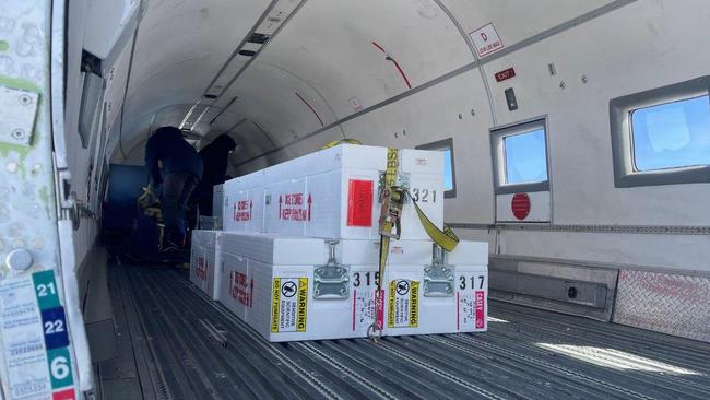 First Ice cores being loaded onto a Basler aircraft at Little Dome C Â© Sharon Labudda AAD. Picture: Supplied/Sharon Labudda