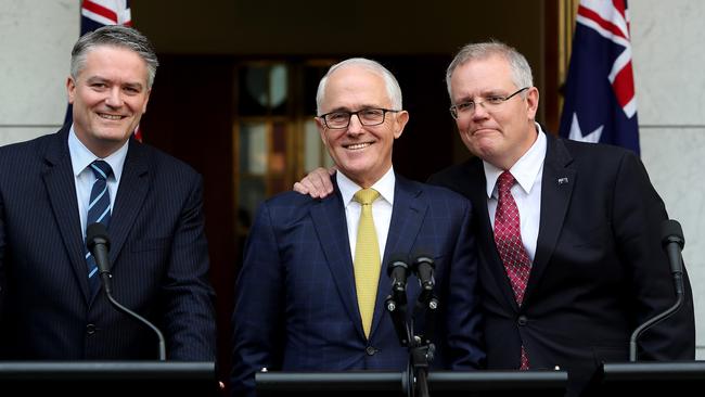 Senator Mathias Cormann, Malcolm Turnbull and Scott Morrison last week. Picture: Kym Smith