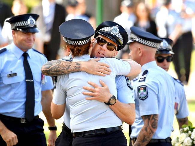 Mourners at the memorial service with full police honours for constables Rachel McCrow and Matthew Arnold at Brisbane Entertainment Centre. Picture: John Gass/NCA NewsWire