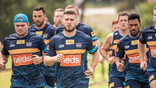 Jai Arrow leads the pack at Titans pre-season training. Picture: Titans Media