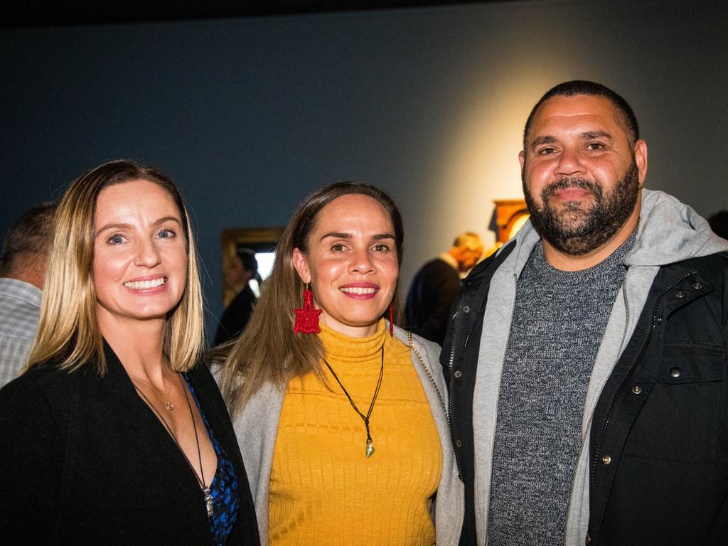 Opening of the TMAG Dark Mofo major exhibition Tense Past by Julie Gough. Zoe Rimmer, of Primrose Sands, left, with Belinda Briggs and Brad Boon, both of Shepparton, Victoria. Picture: Alastair Bett Photography