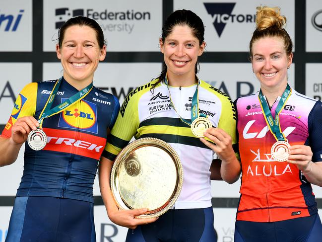 Silver medallist Lauretta Hanson, gold medallist Ruby Roseman-Gannon and bronze medallist Alexandra Manly. Picture: Josh Chadwick