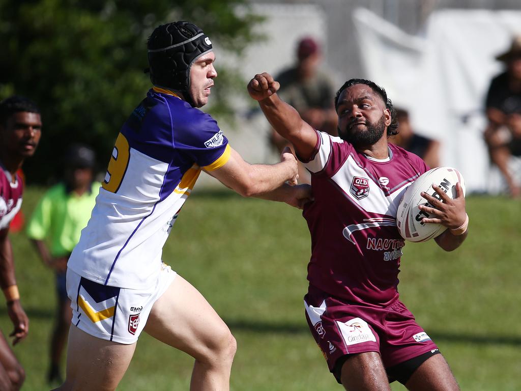 Yarrabah's Coleridge Pabah throws a punch at Edmonton's Daniel Lazarus in the Cairns and District Rugby League (CDRL) match between, the Edmonton Storm and the Yarrabah Seahawks, held at Peterson Park, Edmonton. Picture: Brendan Radke