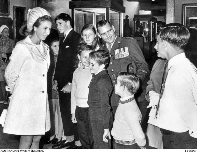 Princess Anne speaks to WO2   Keith Payne VC and his family after the Anzac Day commemoration ceremony at the Australian War Memorial in 1970. (Accession Number 135693). Picture: Australian War Memorial