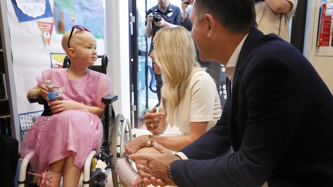 Oncology patient Mia Bramich 8 with Rianna and Ricky Ponting.  Ricky Ponting and wife Rianna visit the Royal Hobart Hospital in relation to the Ponting Foundation partnership.  Picture: Nikki Davis-Jones