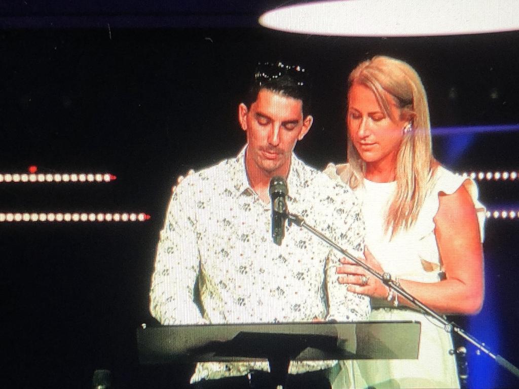 Hannah Clarke’s brother Nat is comforted by wife Stacey as he speaks during the funeral for Hannah and her three children Aaliyah, Laianah and Trey. Picture: Liam Kidston