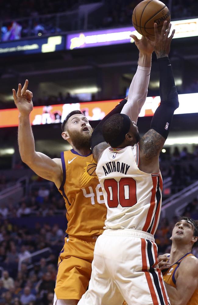 Aron Baynes blocks the shot of Portland Trail Blazers forward Carmelo Anthony. Picture: AP