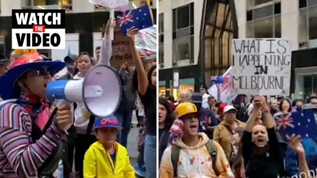 Anti-vaccine protesters in New York chant 'Save Australia'