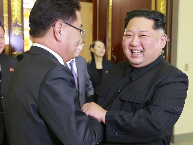 All smiles. Kim Jong-un with South Korean chief delegator Chung Eui-yong. Picture: KCNA.