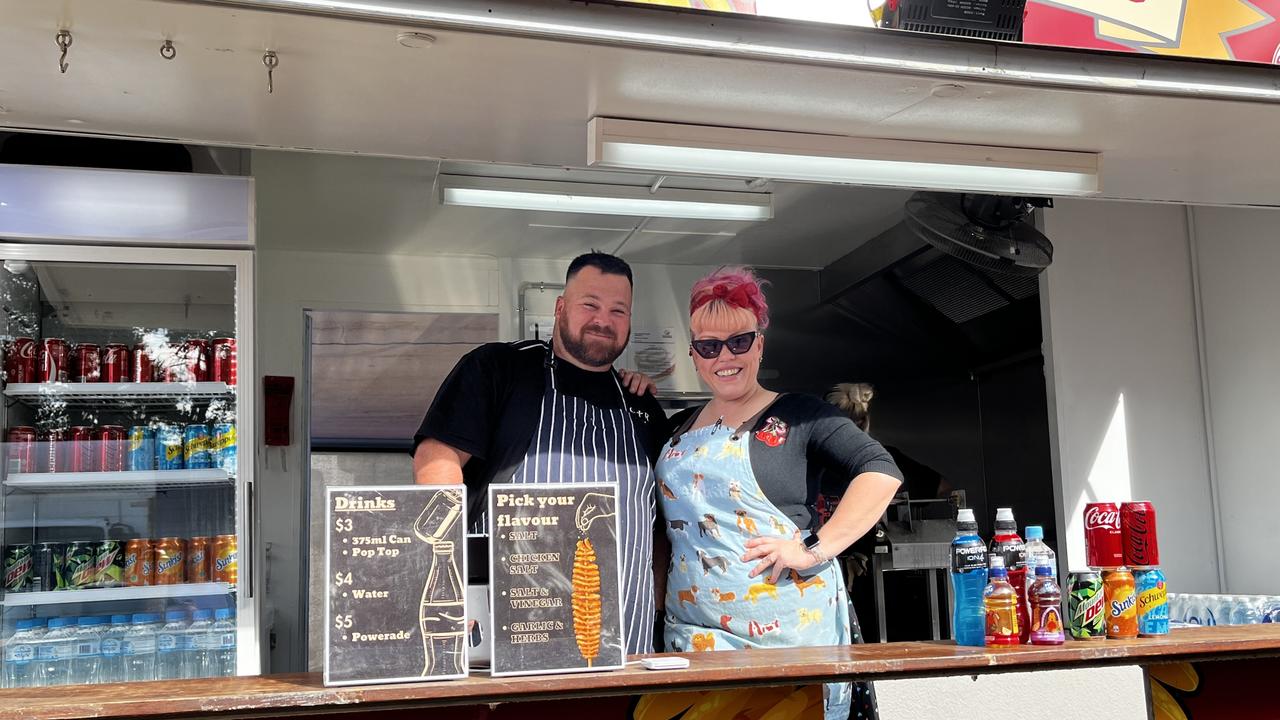 Mark Lecomber, owner and operator of the new Potato Tornado food van, with Charne White at the Kingaroy Show on Saturday, May 3 2025.