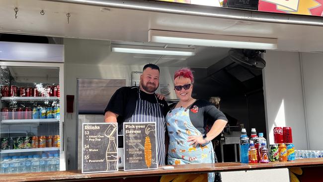 Mark Lecomber, owner and operator of the new Potato Tornado food van, with Charne White at the Kingaroy Show on Saturday, May 3 2025.