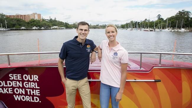 Emma McKeon and Dane Bird Smith on the Brisbane Citycat this week. Picture: Jack Tran