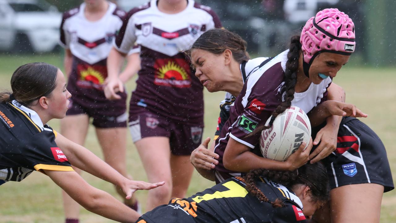 pre-season trial game between the Burleigh Bears and Tweed Seagulls at Piggabeen Oval. under-19s girls Burleigh Player No6 Mattisse Bettridge Tweed Player No7 Viennba Hobson Pic Mike Batterham